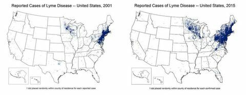 Ο χάρτης της ασθένειας lyme εξαπλώθηκε από το 2001-2015