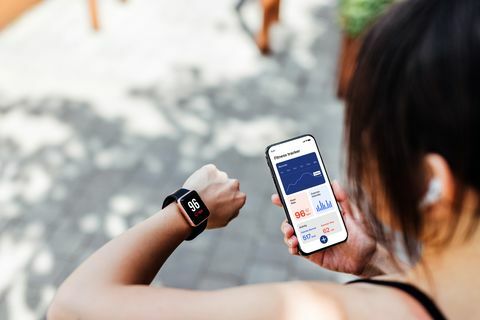 νεαρή γυναίκα χρησιμοποιώντας εφαρμογή παρακολούθησης γυμναστικής σε έξυπνο ρολόι και smartphone