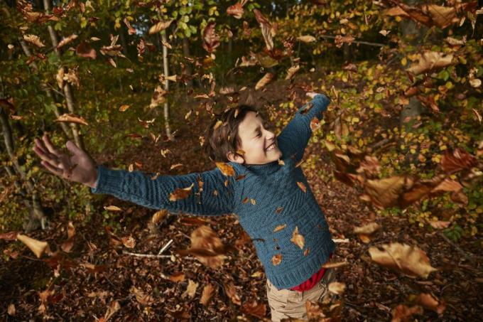 χαρούμενο αγόρι που απολαμβάνει ανάμεσα στα φύλλα του φθινοπώρου που πέφτουν